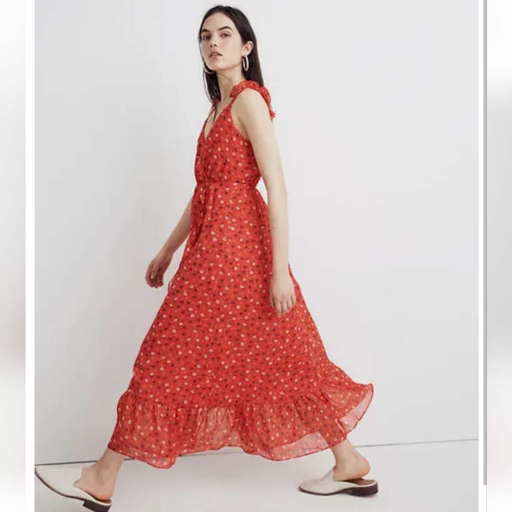 Madewell Ruffle-Strap Wrap Red Floral Maxi Dress Prairie Posies